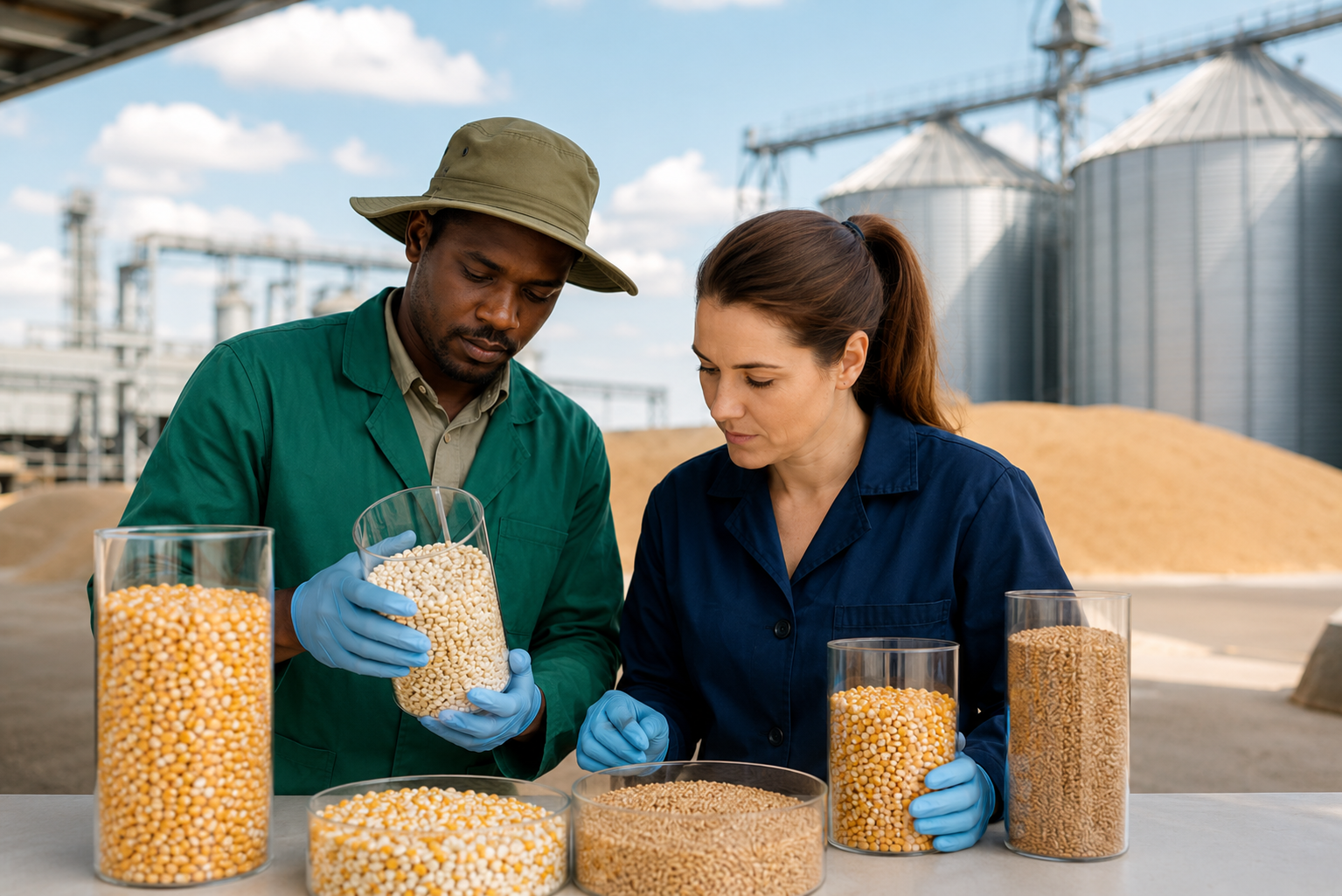 Agricultural specialists inspecting maize and wheat samples