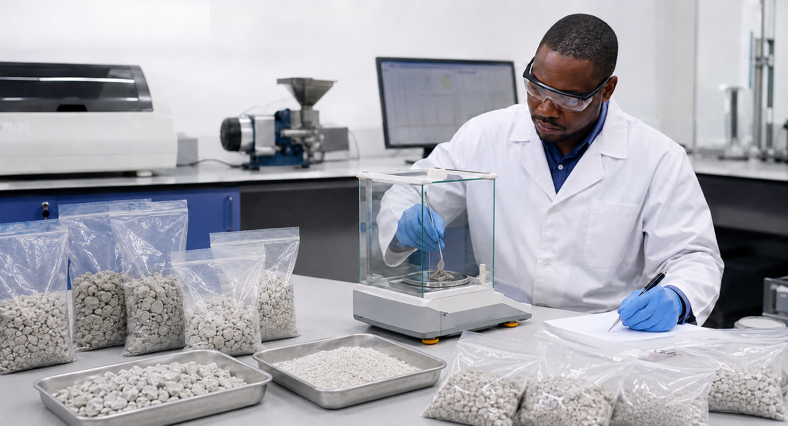 Laboratory technician testing representative mineral samples